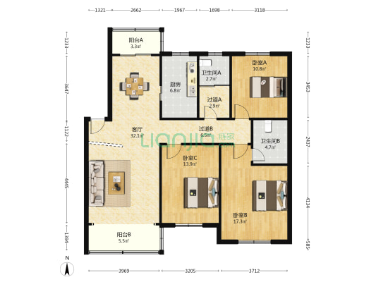 阳光花园 3室1厅2卫 126平方