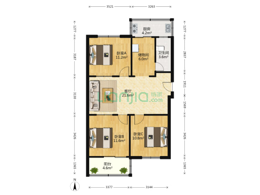 平旺里 3室1厅1卫 88平方