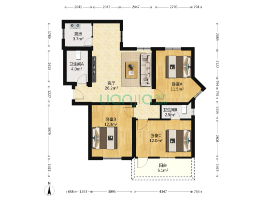 银杏花园 3室1厅2卫 104平方
