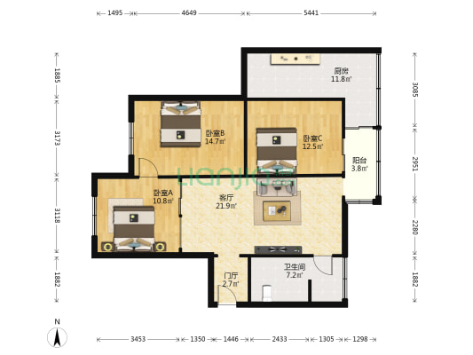 君平巷7号 3室1厅1卫 93平方