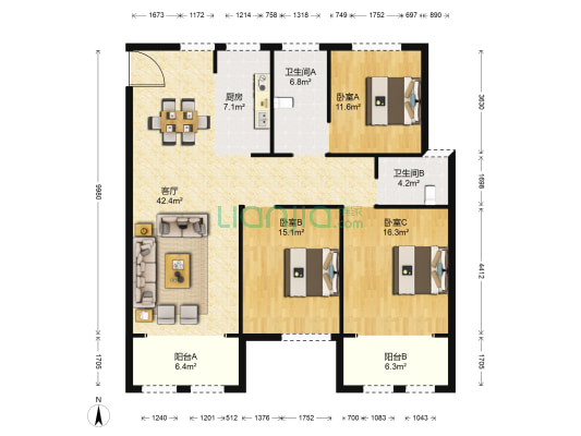如歌花苑东区 3室1厅2卫 152平方
