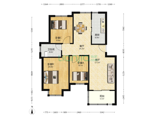 兴强花园 3室2厅1卫 104平方