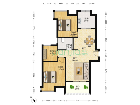 橡树湾三期 3室1厅1卫 89平方