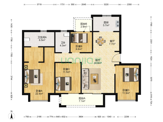 御章府三期东区 4室2厅2卫 136平方