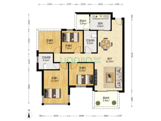 盛邦珑悦 4室1厅2卫 105平方