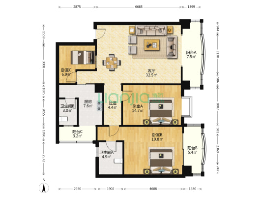 汇隆广场 3室1厅2卫 138平方