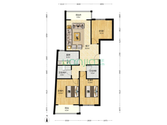 南北通透三居 南北双阳台双卫 户型好诚心卖-户型图