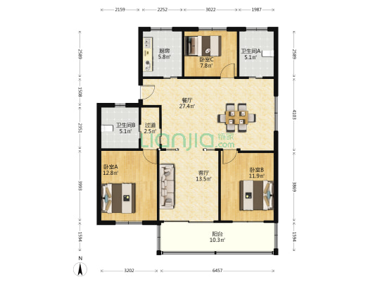 皇山新村 3室2厅2卫 129平方