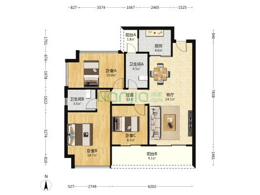 前海宸湾 3室1厅2卫 109平方