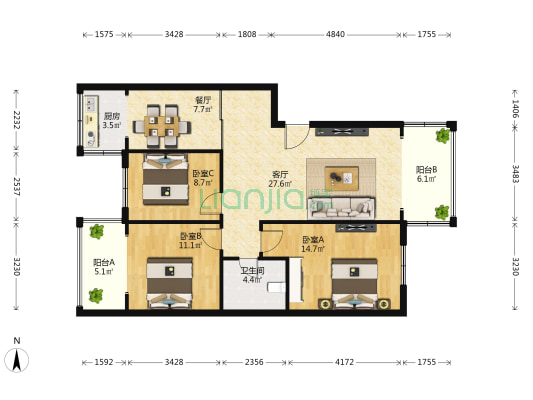 华西苑(成华) 3室2厅1卫 110平方