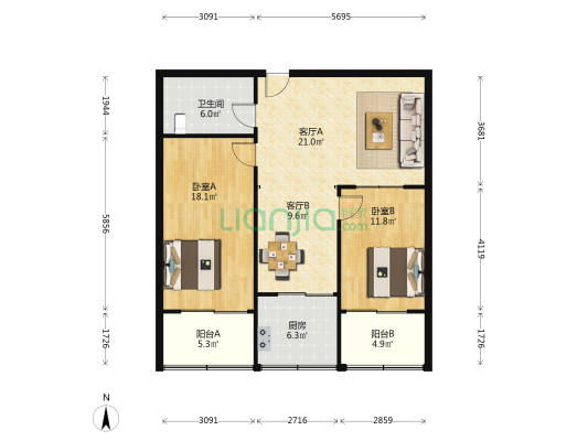 长兴建设集团单位宿舍 2室2厅1卫 99平方