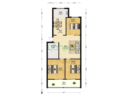 达康院 3室2厅1卫 105平方