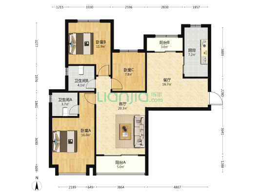 太原恒大滨河府 3室2厅2卫 137平方
