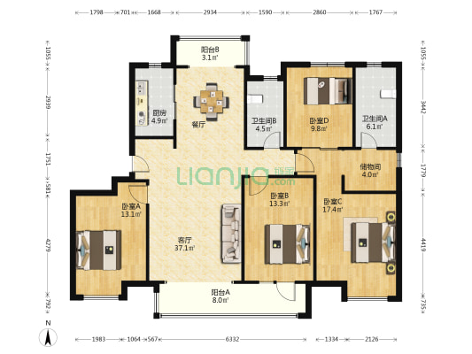 融创观澜壹号东区 4室1厅2卫 143平方