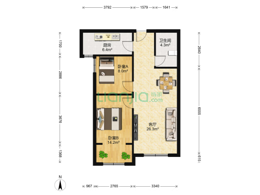 华鼎中央都会 2室1厅1卫 85平方