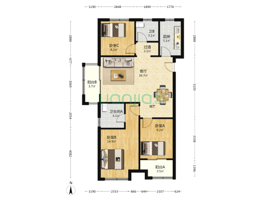 利群现河名邸 3室1厅2卫 110平方