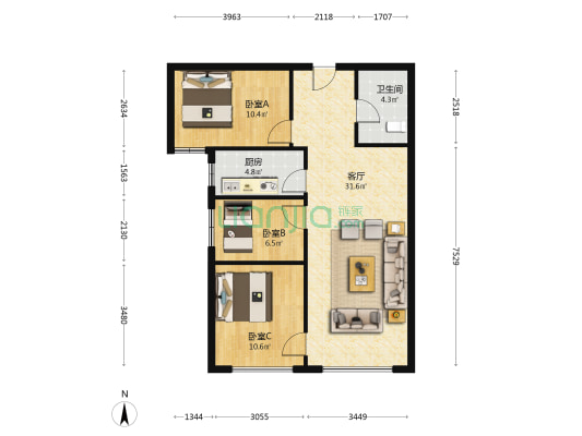 鸿坤理想湾 小三居 中高楼层 全天采光好 随时看房-户型图