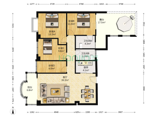明发豪庭 4室1厅2卫 118平方