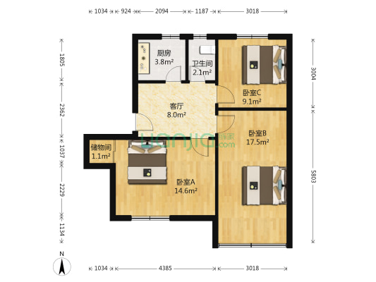 开元社区冉屯路五号院 3室1厅1卫 76平方