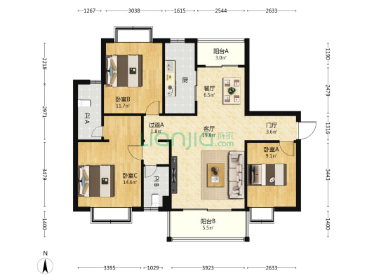 滨江华庭 3室2厅2卫 121平方