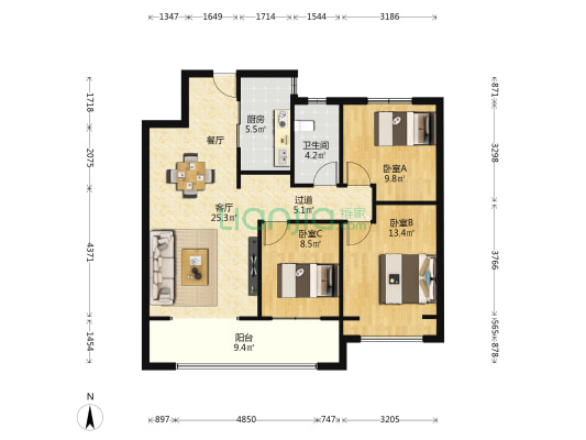 绿地新里格林公馆 3室1厅1卫 91平方