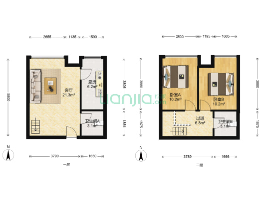 财富兴园 2室1厅2卫 49平方