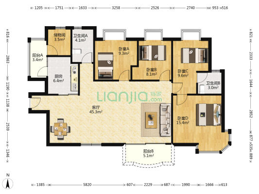 东帝海景家园 4室1厅2卫 136平方