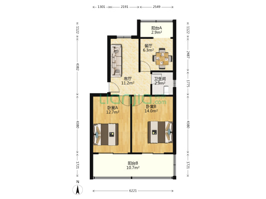 一纺机家属楼 2室2厅1卫 65平方