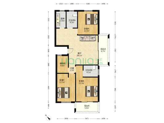 汤山鎏园 3室1厅2卫 129平方