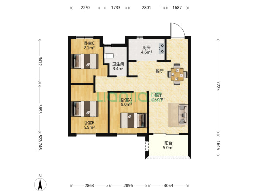 龙湖天钜 3室1厅1卫 90平方