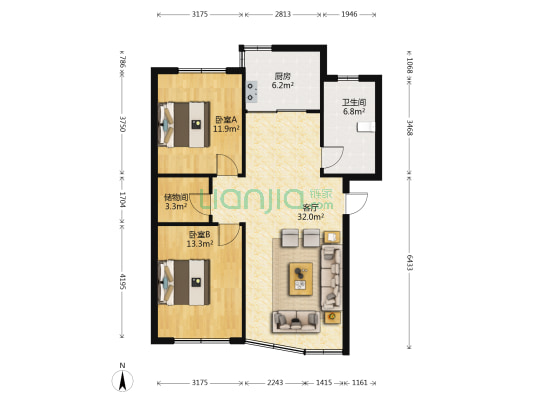 紫光福郡西区 2室1厅1卫 103平方