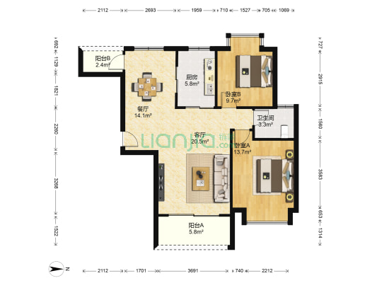 正光苑 2室2厅1卫 91平方