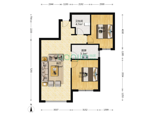 孔雀城襄颖园东区 2室1厅1卫 75平方