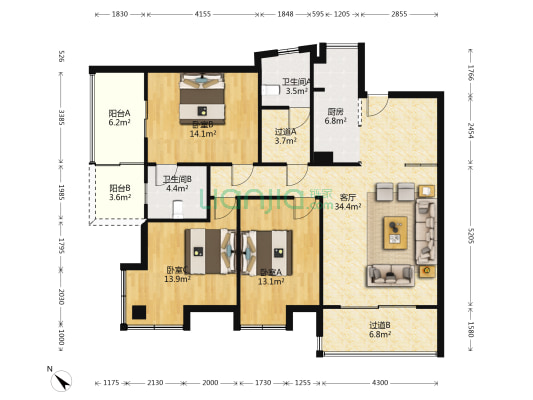 上层建筑 3室1厅2卫 130平方