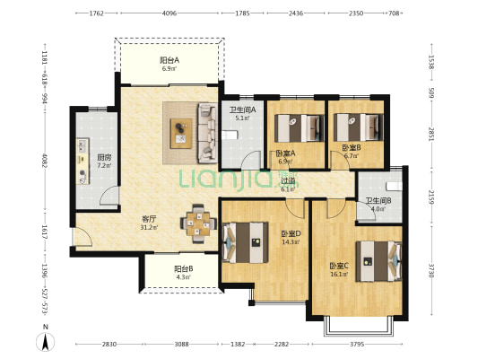 恒大新城二期 4室1厅2卫 135平方