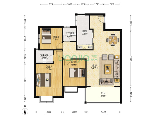 波尔卡城邦 3室1厅2卫 108平方
