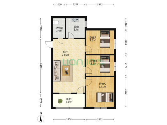 办事处二建行家属院 3室1厅1卫 85平方