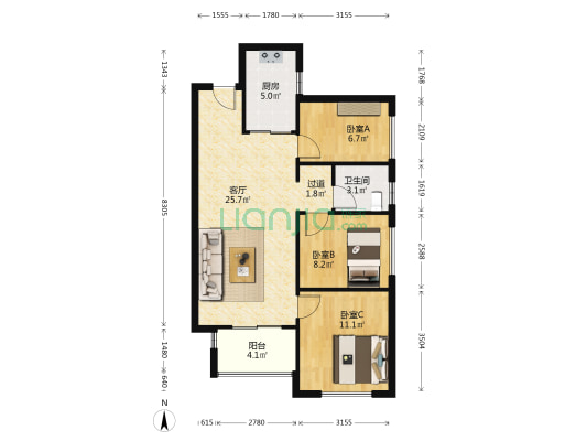 万科碧桂园公园大道 3室1厅1卫 85平方