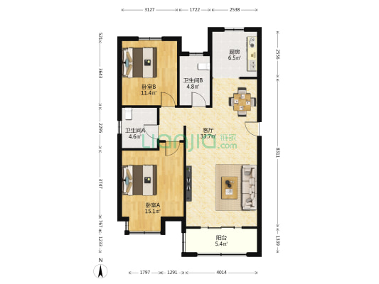 美罗家园美安苑 2室1厅2卫 107平方