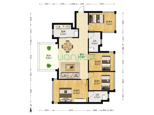 招商樾园 4室1厅2卫 103平方