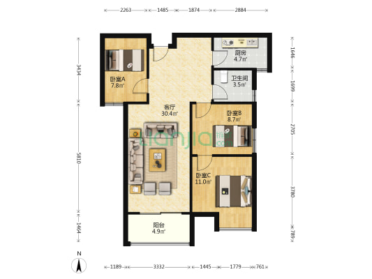 聚福家园 3室1厅1卫 92平方