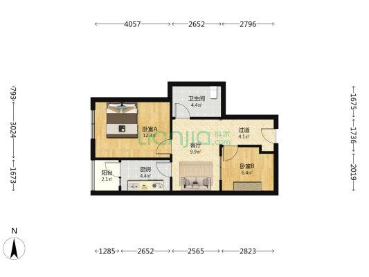 向阳佳苑B区 2室1厅1卫 61平方