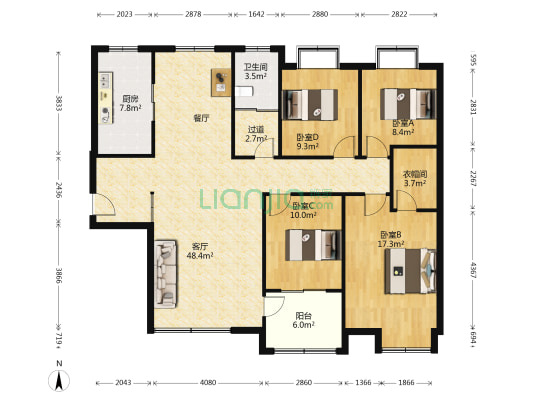 世纪鸿基花苑 4室1厅1卫 154平方