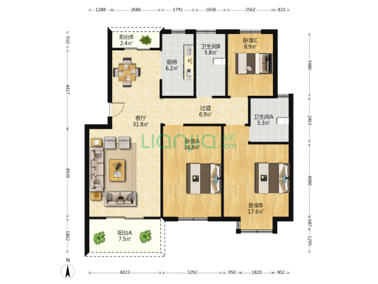 平川花苑 3室1厅2卫 125平方