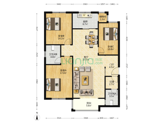 鑫界王府G区 3室1厅2卫 144平方
