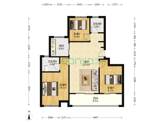 越秀悦映澜庭 3室1厅2卫 92平方