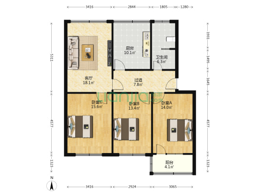 中银小区 3室1厅1卫 105平方