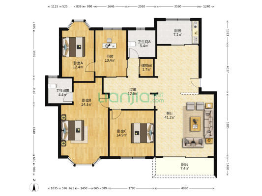安居二区 4室1厅2卫 162平方