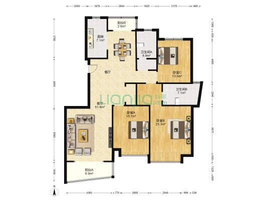 天一花园 3室1厅2卫 177平方