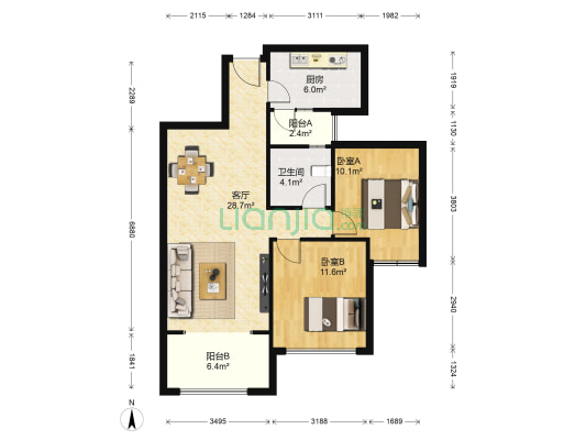 巴黎都市 2室1厅1卫 76平方